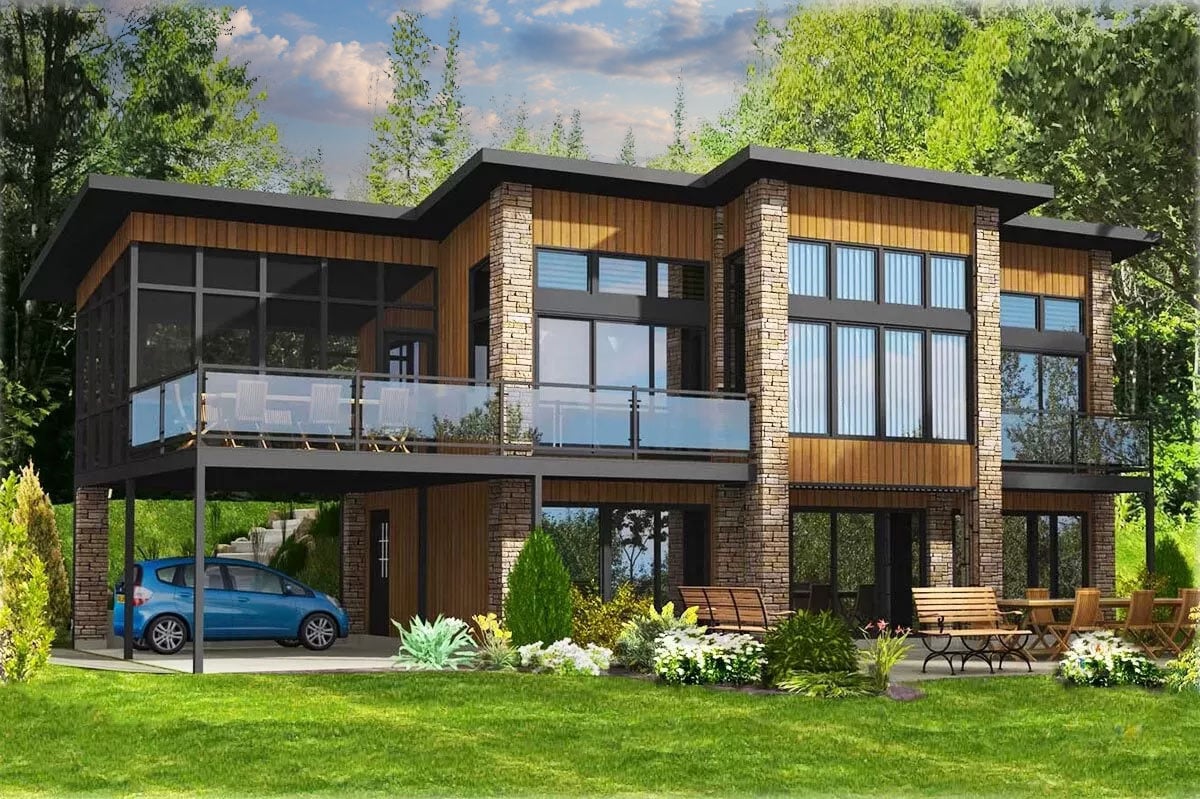 Plan image - 90232PD:3-Bed Contemporary House Plan with Walkout Basement & Drive-Under Car Port